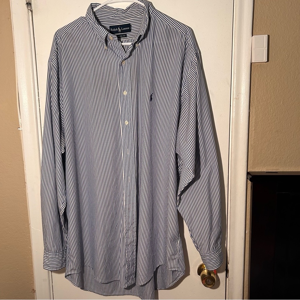 Ralph Lauren Men's Navy and White Striped Button Down Size 17 34/35 Big & Tall